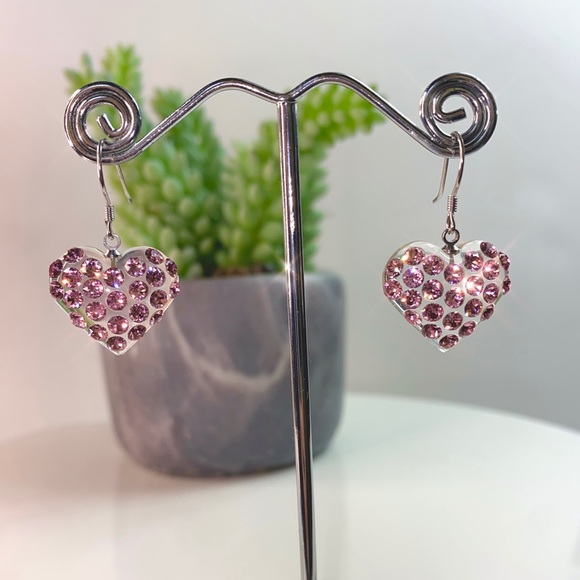 Women’s heart shape transparent acrylic earrings embellished with pink crystals - Picture 10 of 12